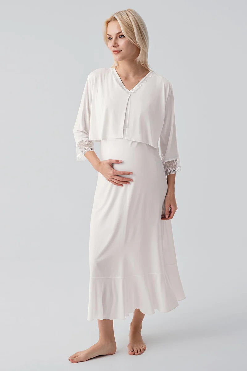 Lace Sleeve Maternity-Nursing Nightgown & Lace Back Robe Set Ecru - 19401