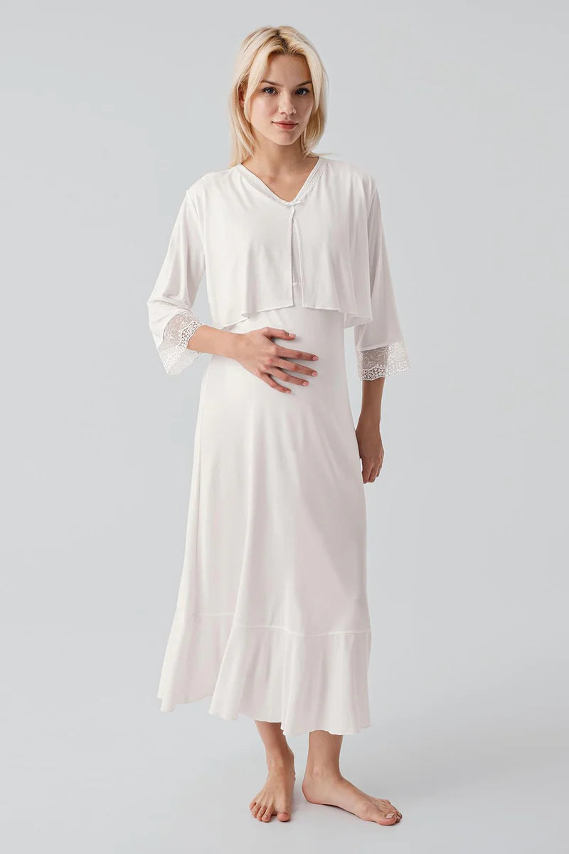 Lace Sleeve Maternity-Nursing Nightgown & Lace Back Robe Set Ecru - 19401