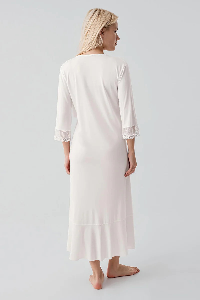 Lace Sleeve Maternity-Nursing Nightgown & Lace Back Robe Set Ecru - 19401