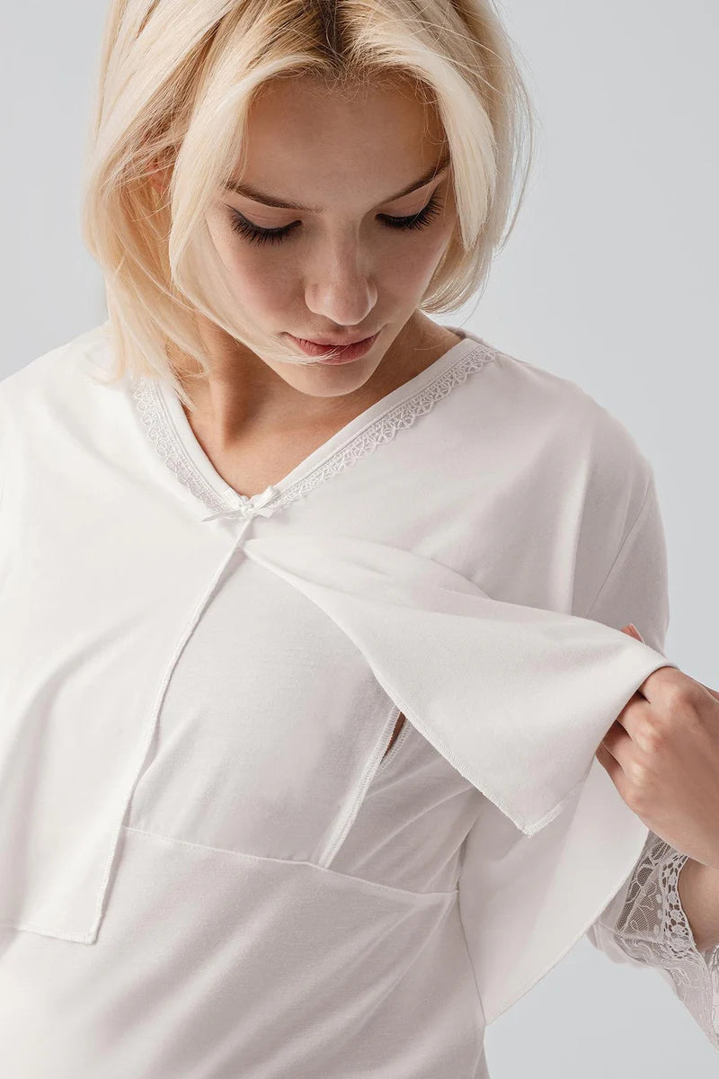 Lace Sleeve Maternity-Nursing Nightgown & Lace Back Robe Set Ecru - 19401