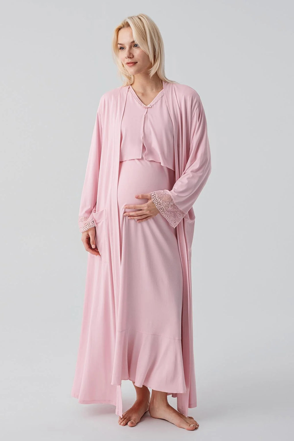 Lace Sleeve Maternity Feeding-Friendly Nightgown & Lace Back Robe Set Powder - S19401