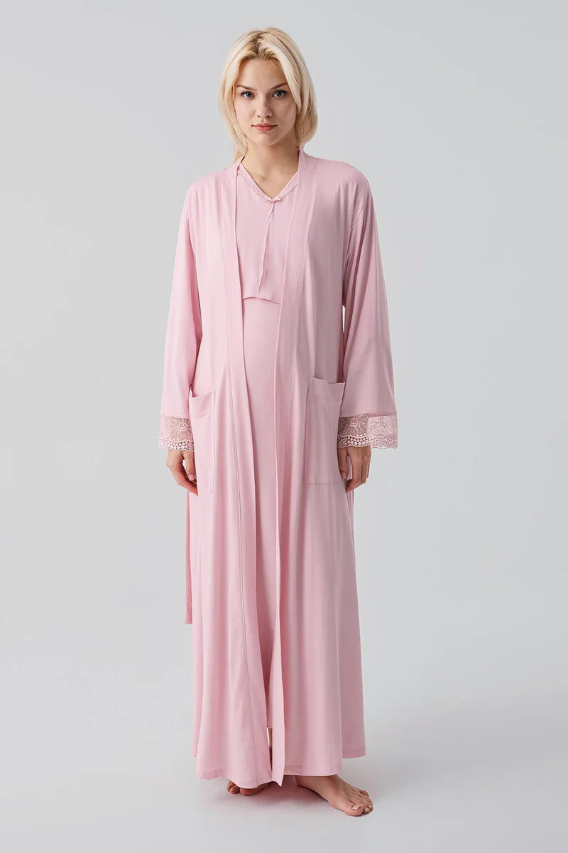 Lace Sleeve Maternity-Nursing Nightgown & Lace Back Robe Set Powder - 19401