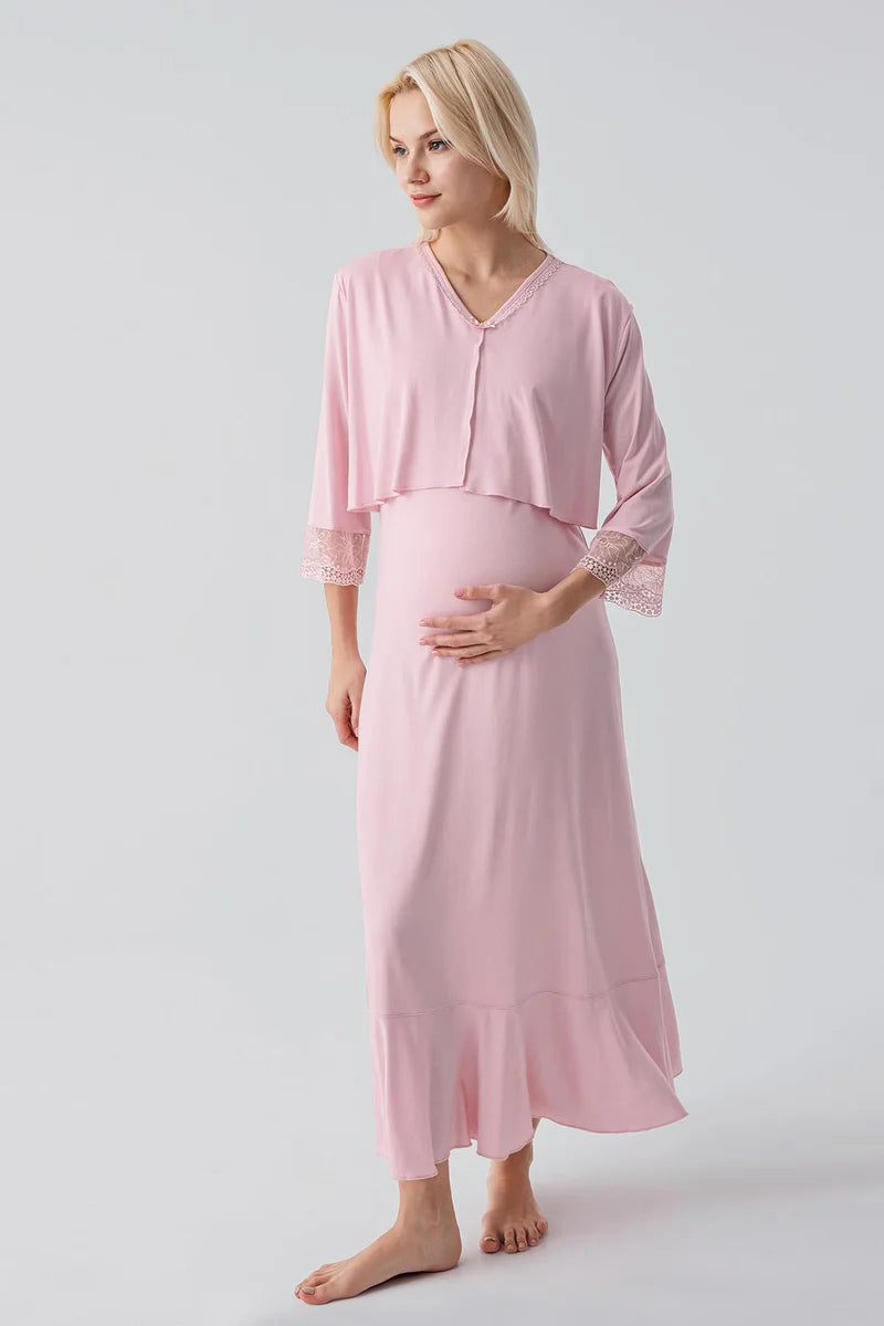 Lace Sleeve Maternity Feeding-Friendly Nightgown & Lace Back Robe Set Powder - S19401