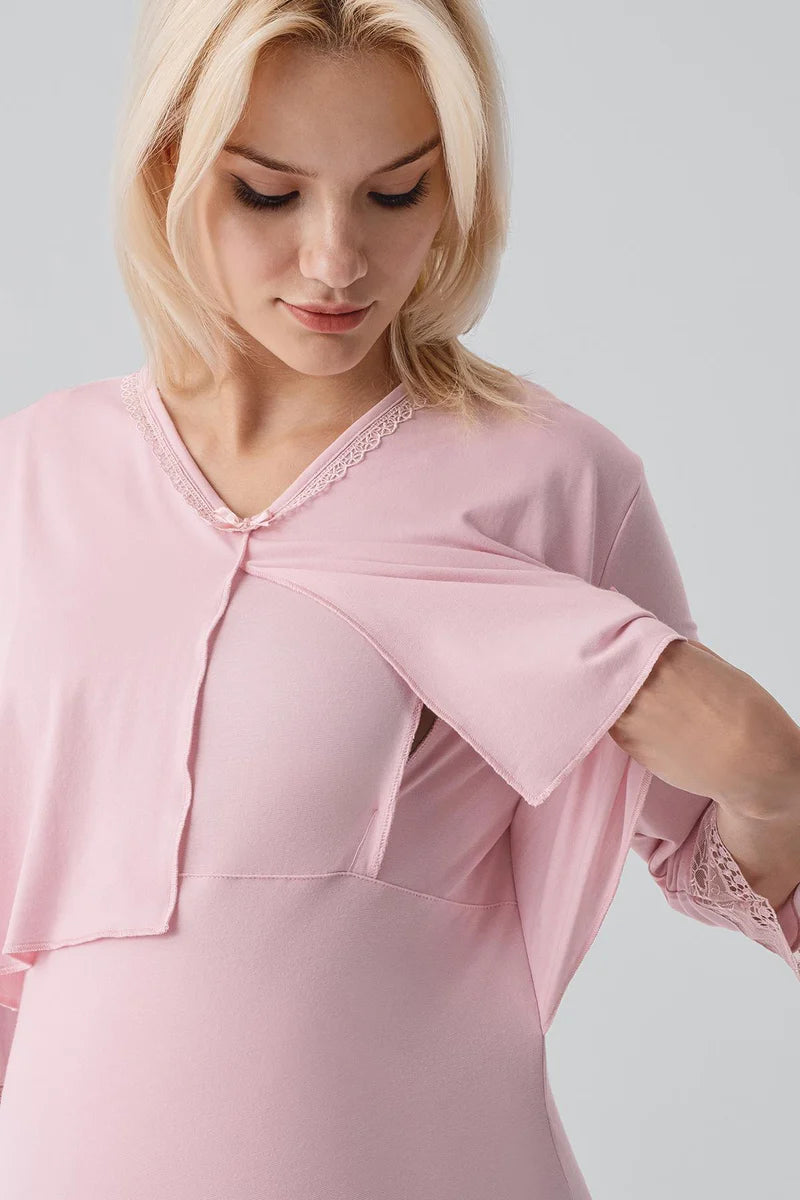 Lace Sleeve Maternity Feeding-Friendly Nightgown & Lace Back Robe Set Powder - S19401