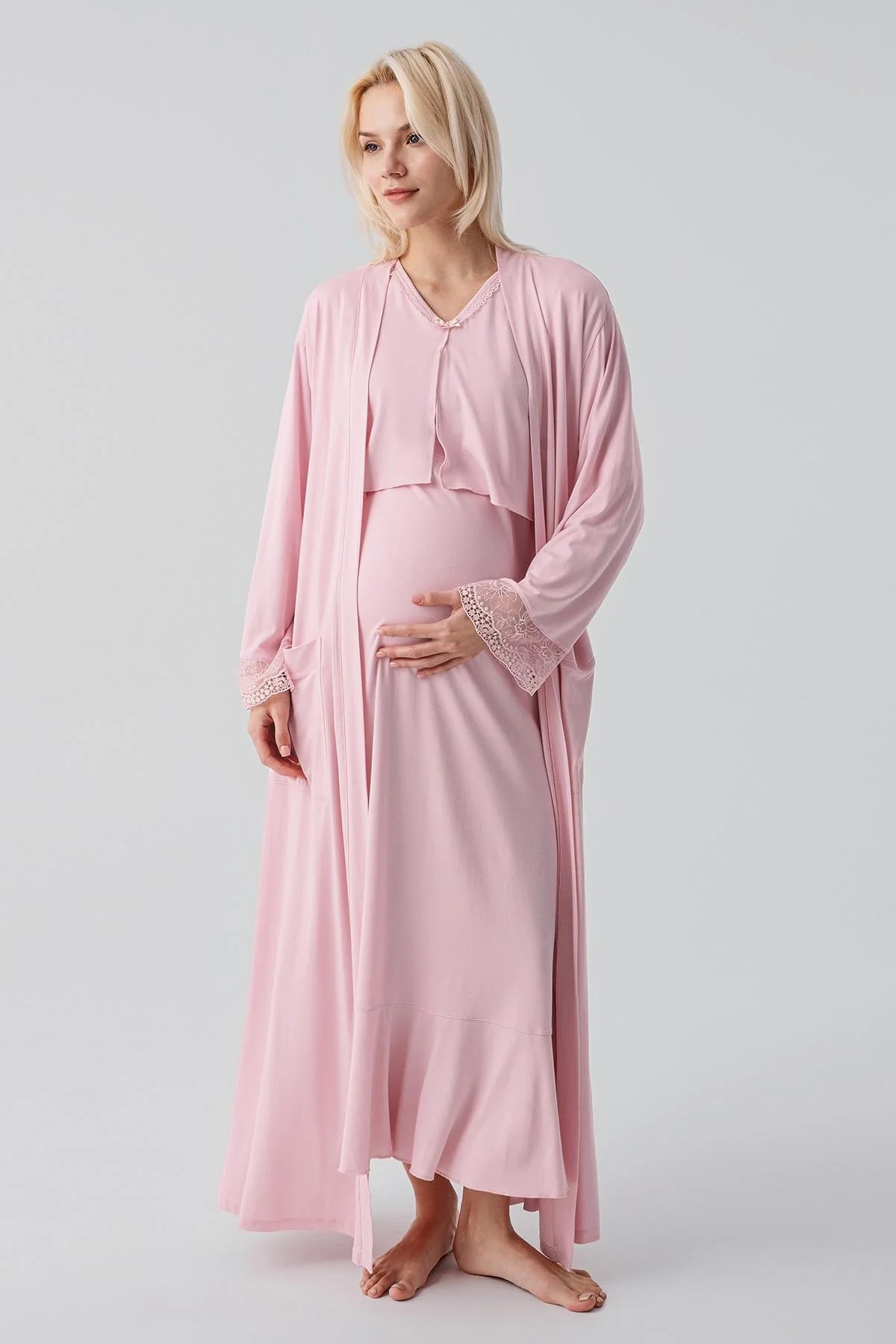 Lace Sleeve Maternity-Nursing Nightgown & Lace Back Robe Set Powder - 19401