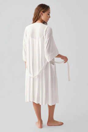 Strappy Stretch Soft Maternity-Nursing Nightgown & Robe Set Ecru - 19407