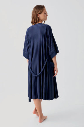 Strappy Stretch Soft Maternity-Nursing Nightgown & Robe Set Navy Blue - 19407