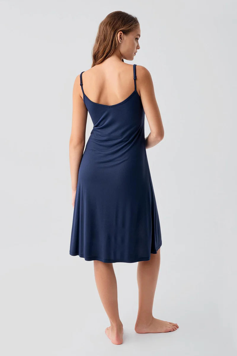 Strappy Stretch Soft Maternity-Nursing Nightgown & Robe Set Navy Blue - 19407