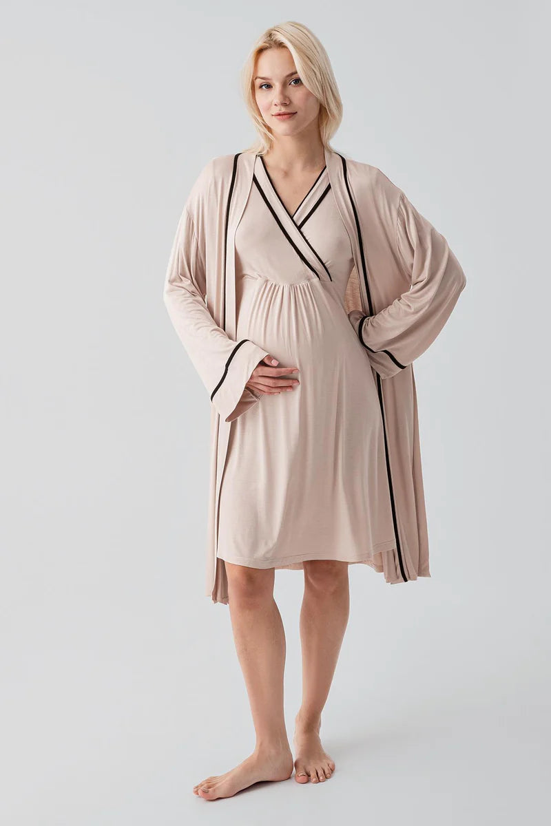 Piped Wrap Maternity-Nursing Nightgown & Robe Set Beige - 19417