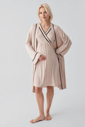 Piped Wrap Maternity-Nursing Nightgown & Robe Set Beige - 19417