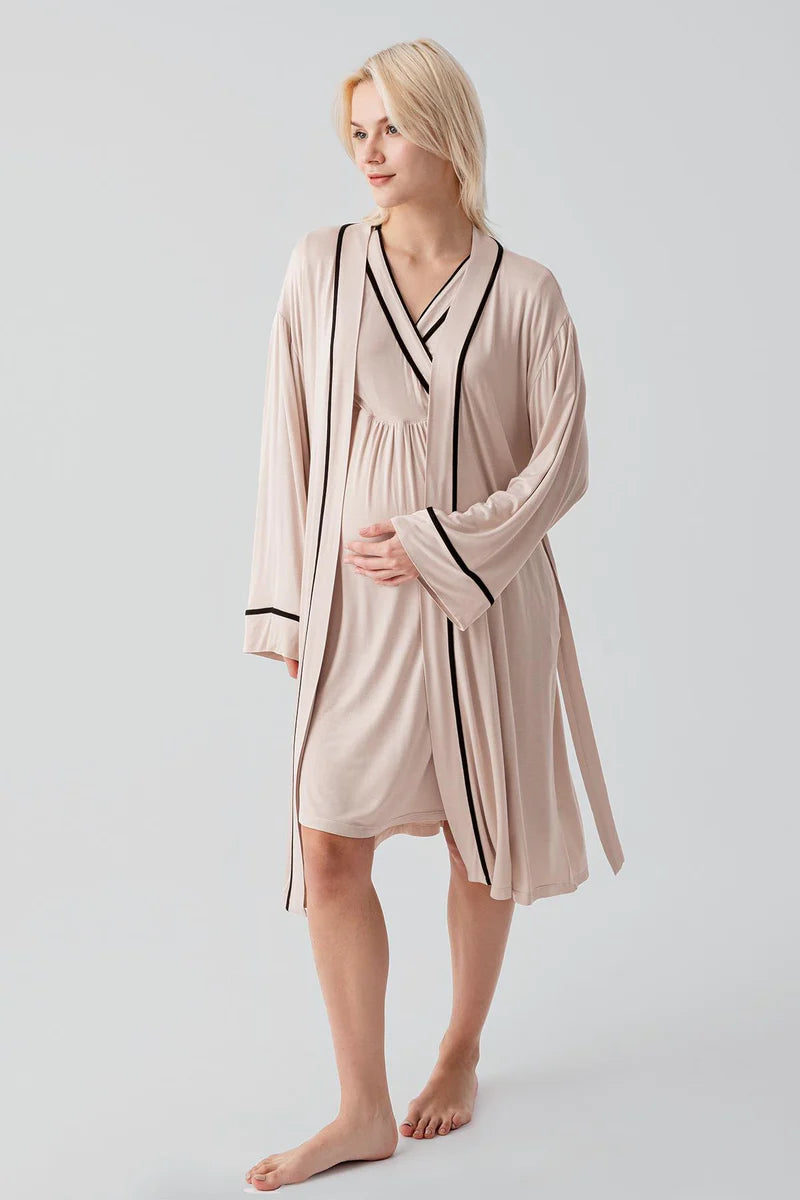 Piped Wrap Maternity-Nursing Nightgown & Robe Set Beige - 19417