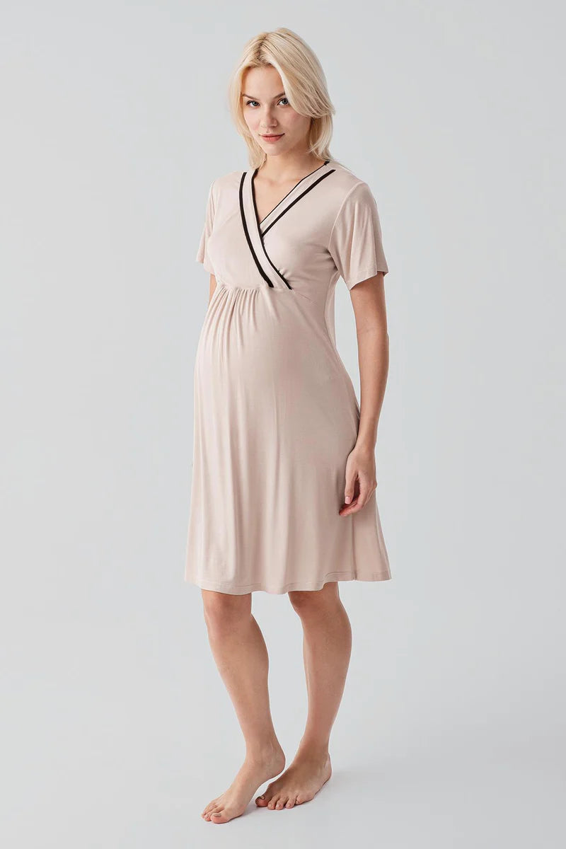 Piped Wrap Maternity-Nursing Nightgown & Robe Set Beige - 19417