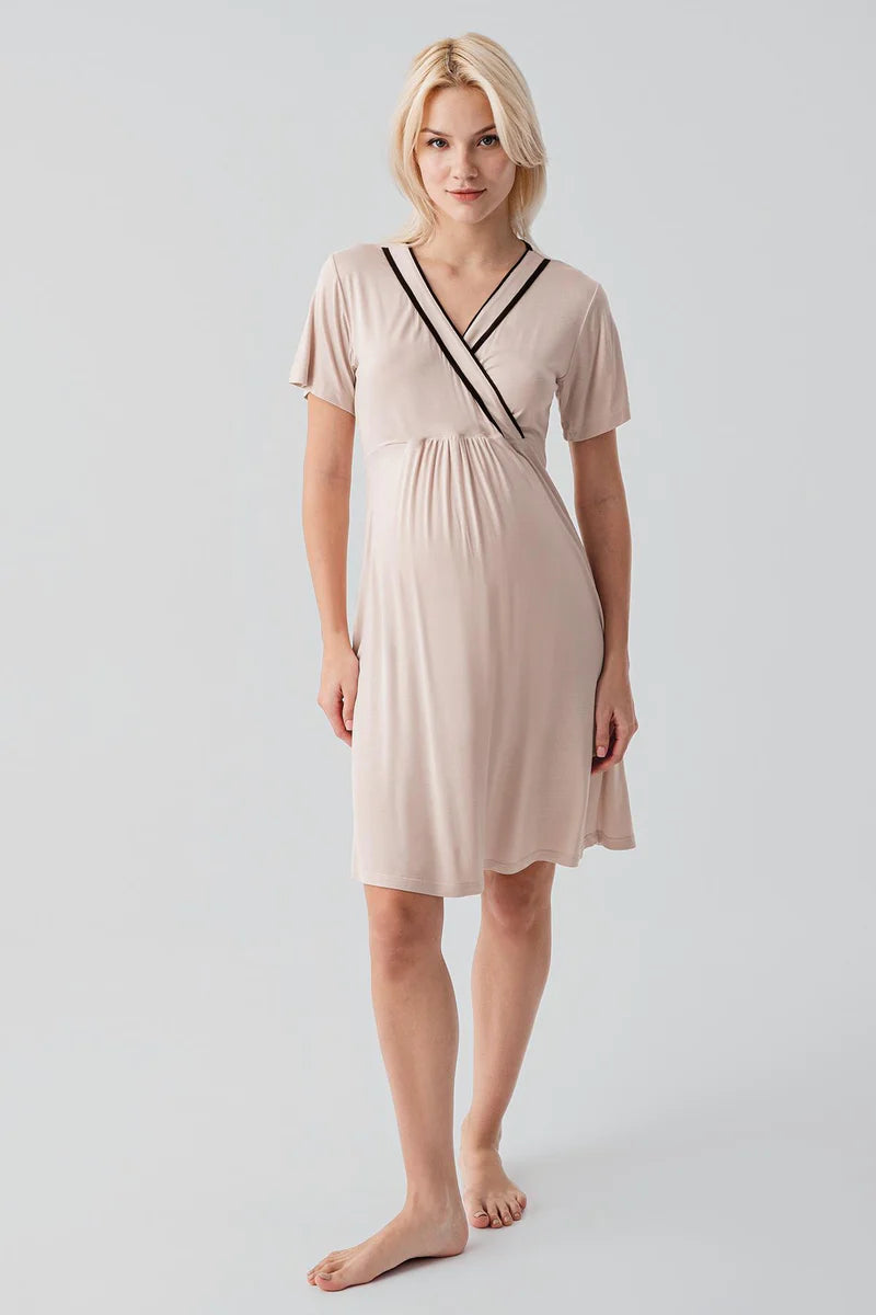 Piped Wrap Maternity-Nursing Nightgown & Robe Set Beige - 19417