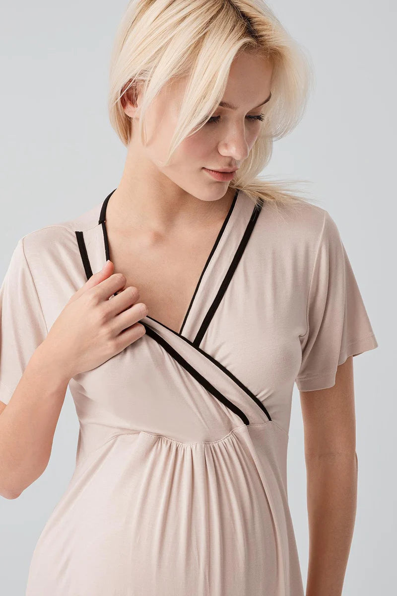 Piped Wrap Maternity-Nursing Nightgown & Robe Set Beige - 19417