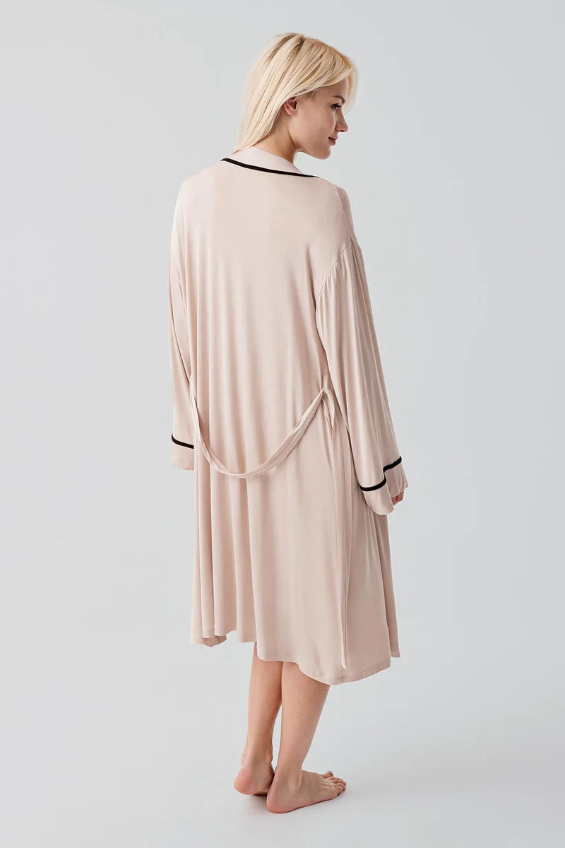 Piped Wrap Maternity-Nursing Nightgown & Robe Set Beige - 19417