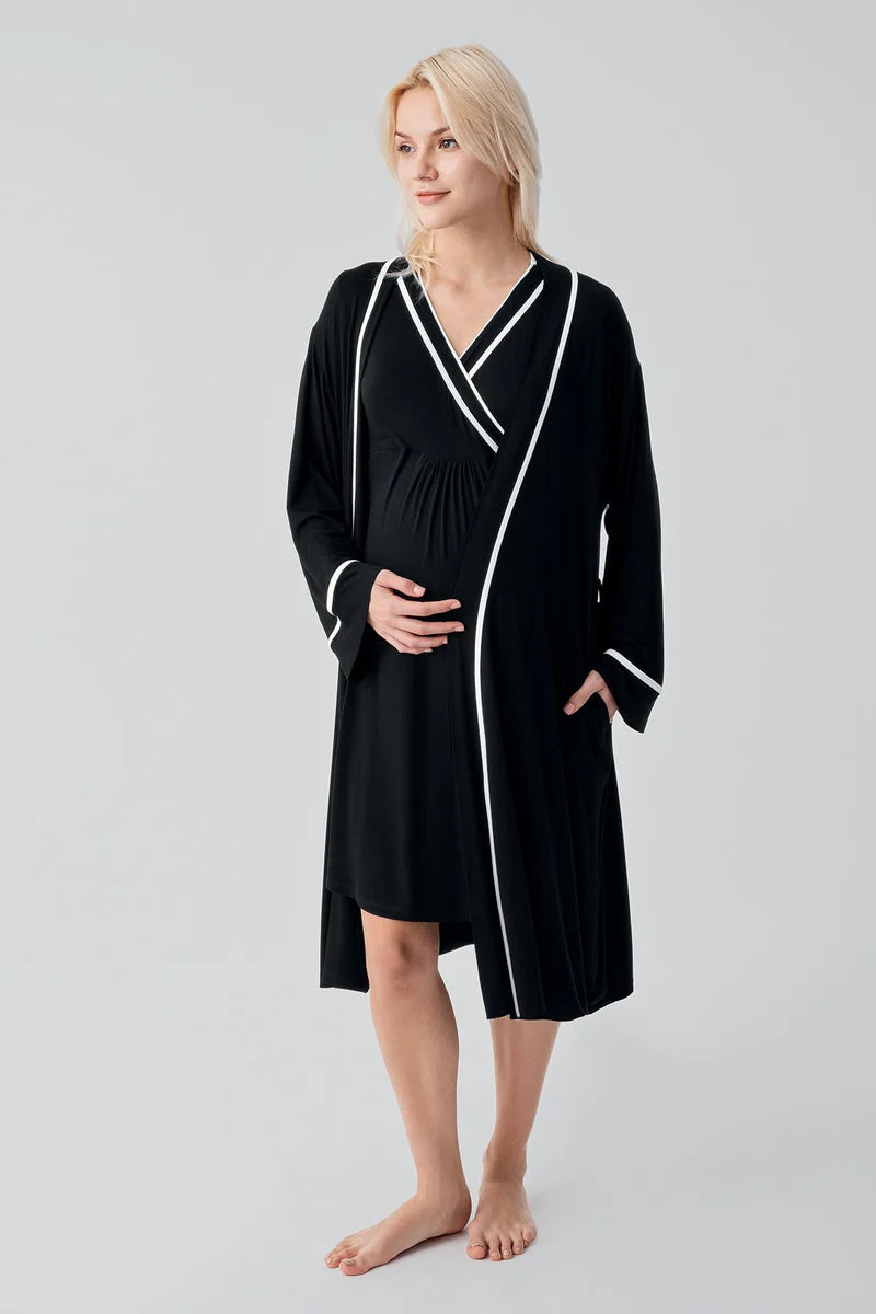 Piped Wrap 4-Piece Maternity-Nursing Set Black - 417217