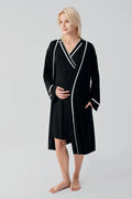 Piped Wrap Maternity-Nursing Nightgown & Robe Set Black - 19417