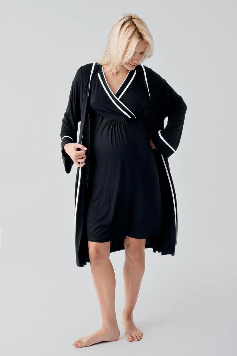 Piped Wrap Maternity-Nursing Nightgown & Robe Set Black - 19417