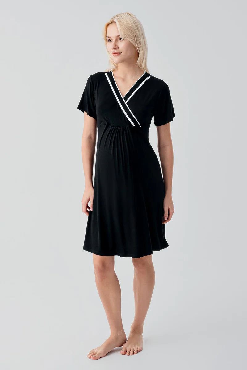 Piped Wrap Maternity-Nursing Nightgown & Robe Set Black - 19417