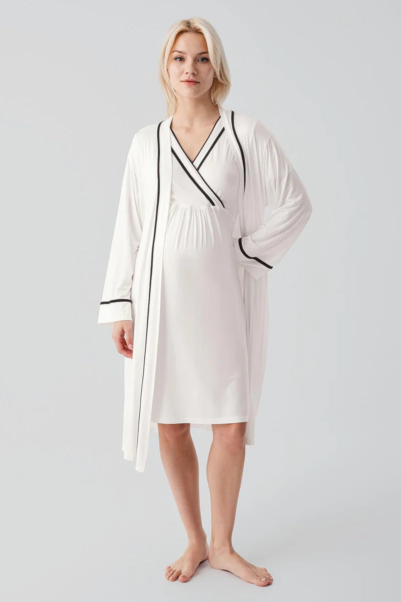 Piped Wrap 4-Piece Maternity-Nursing Set Ecru - 417217