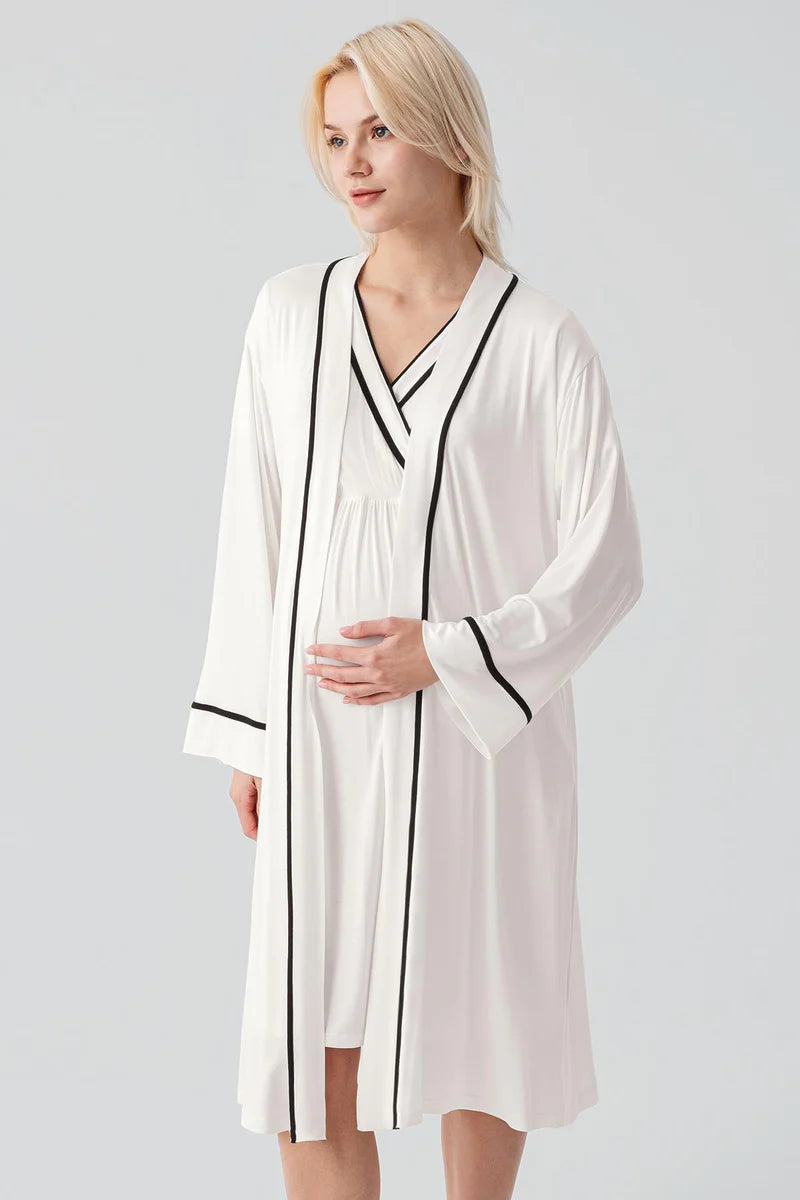 Piped Wrap Maternity-Nursing Nightgown & Robe Set Ecru - 19417