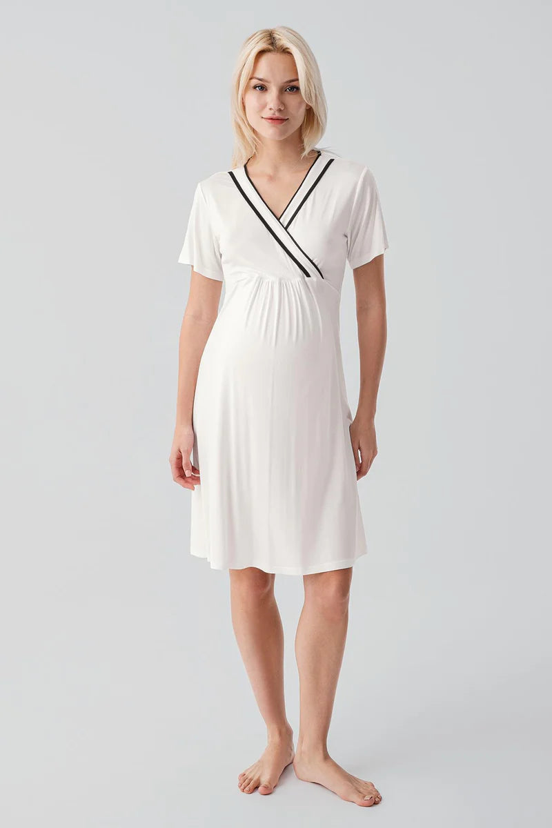 Piped Wrap Maternity-Nursing Nightgown & Robe Set Ecru - 19417