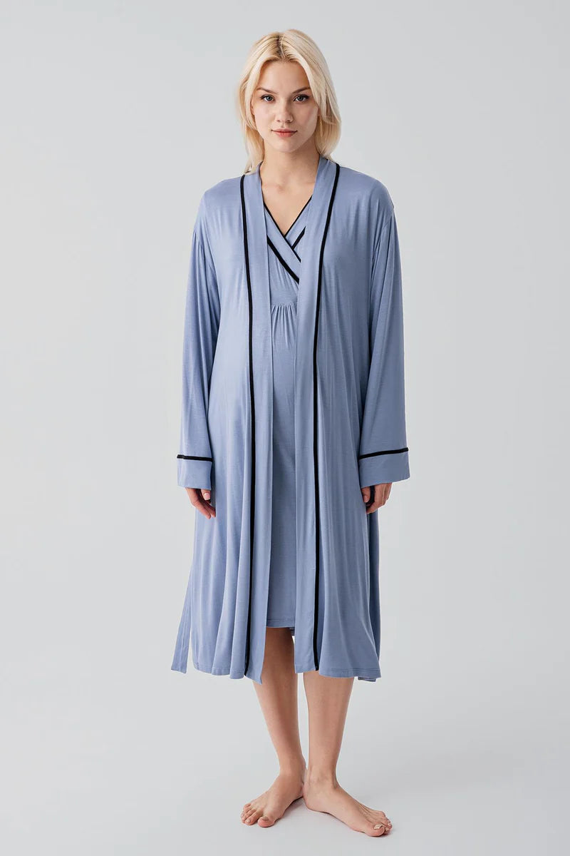 Piped Wrap Maternity-Nursing Nightgown & Robe Set Indigo - 19417