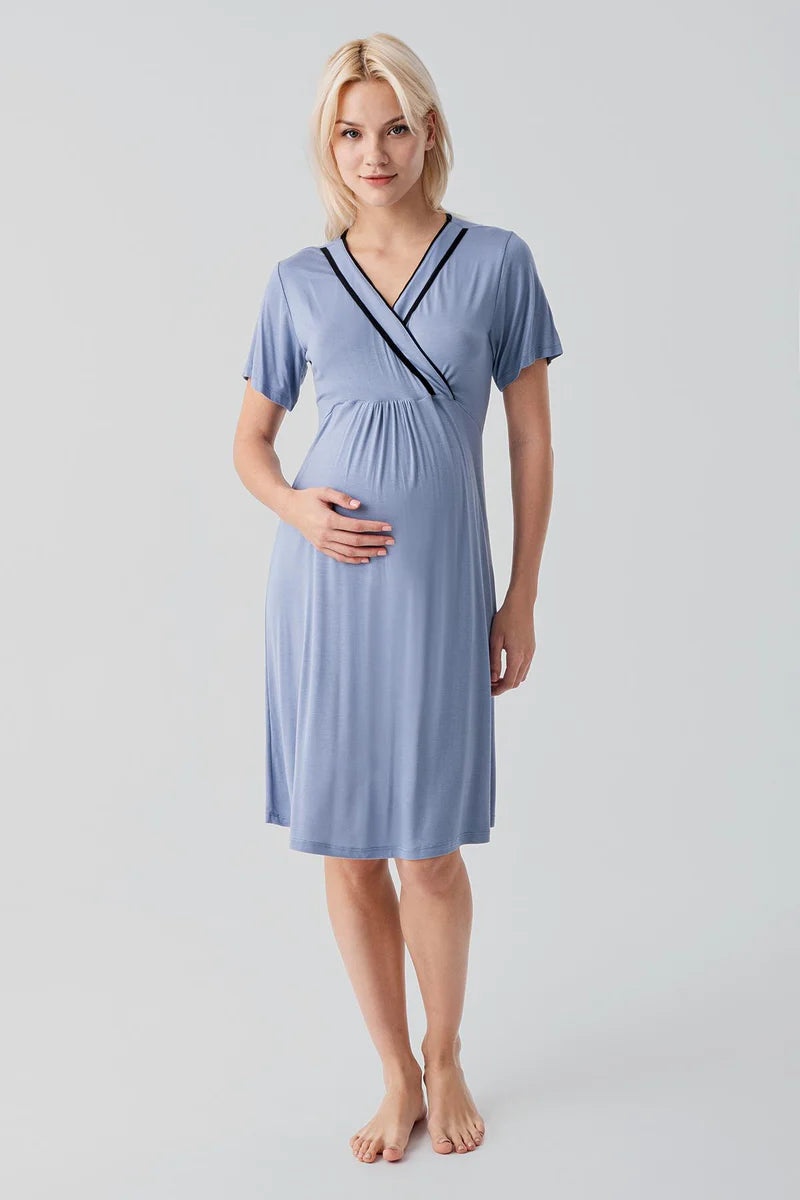 Piped Wrap Maternity-Nursing Nightgown & Robe Set Indigo - 19417