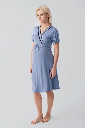 Piped Wrap Maternity-Nursing Nightgown & Robe Set Indigo - 19417