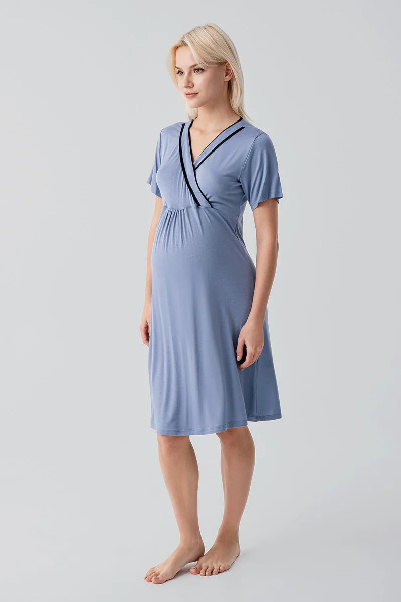 Piped Wrap Maternity-Nursing Nightgown & Robe Set Indigo - 19417