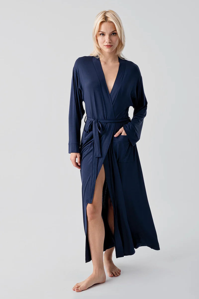Long Soft Stretch Maternity Robe Navy Blue - 19500