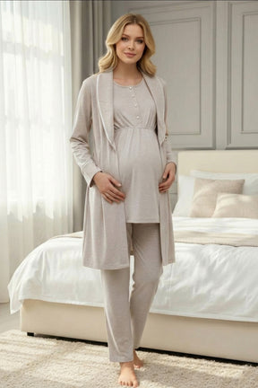 White Bias 3-Piece Maternity-Nursing Pajama & Melange Robe Set Beige - 2000