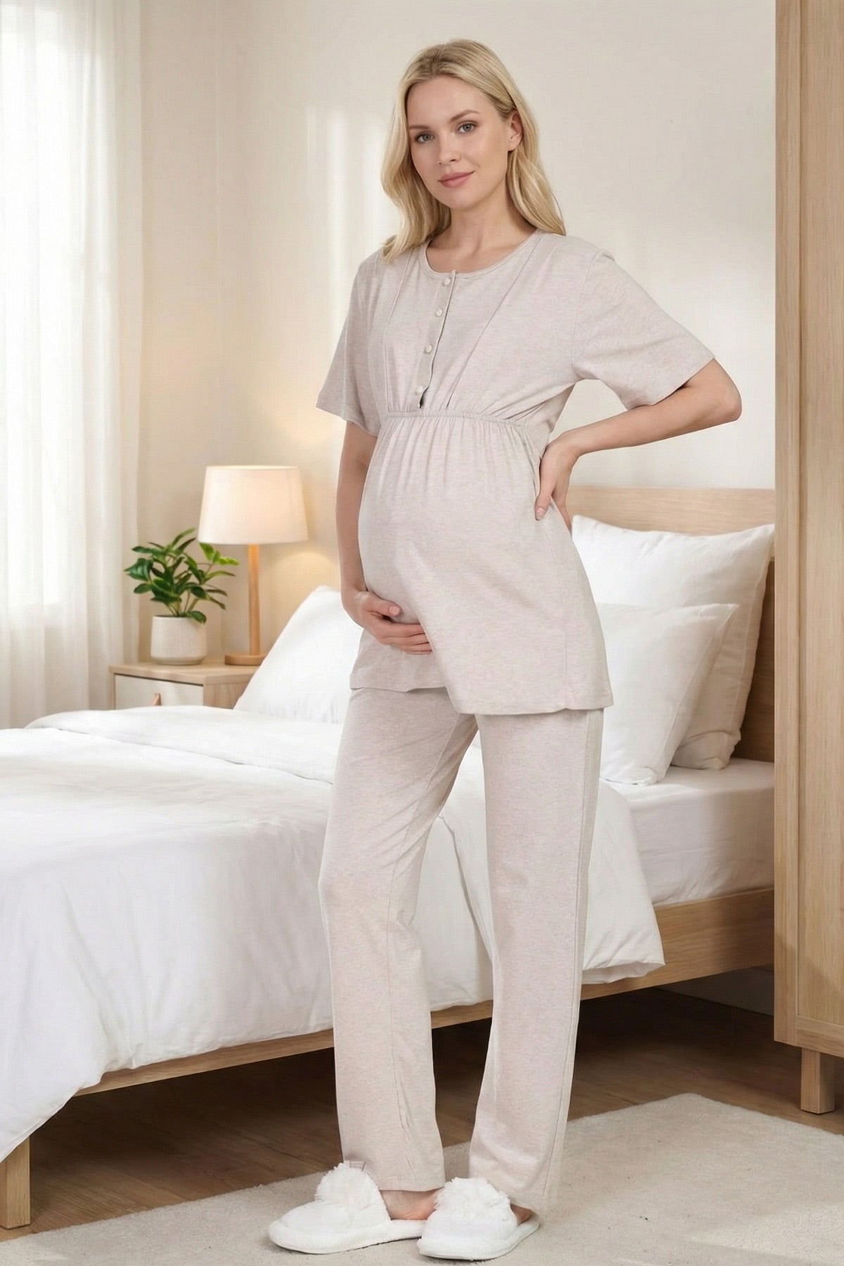 White Bias 3-Piece Maternity-Nursing Pajama & Melange Robe Set Beige - 2000