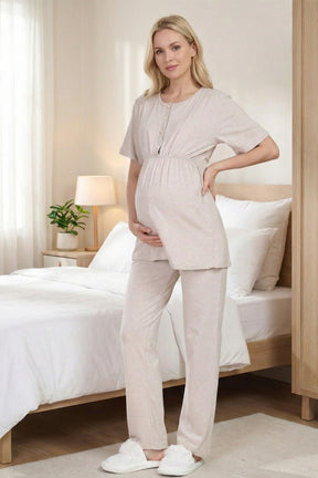 White Bias 3-Piece Maternity-Nursing Pajama & Melange Robe Set Beige - 2000