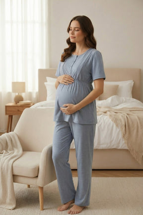 White Bias 3-Piece Maternity-Nursing Pajama & Melange Robe Set Blue - 2001