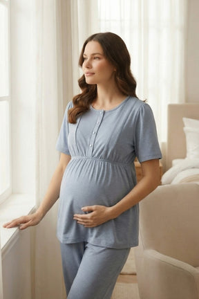 White Bias 3-Piece Maternity-Nursing Pajama & Melange Robe Set Blue - 2001