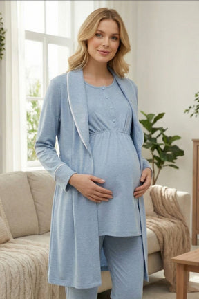 White Bias 3-Piece Maternity-Nursing Pajama & Melange Robe Set Blue - 2001