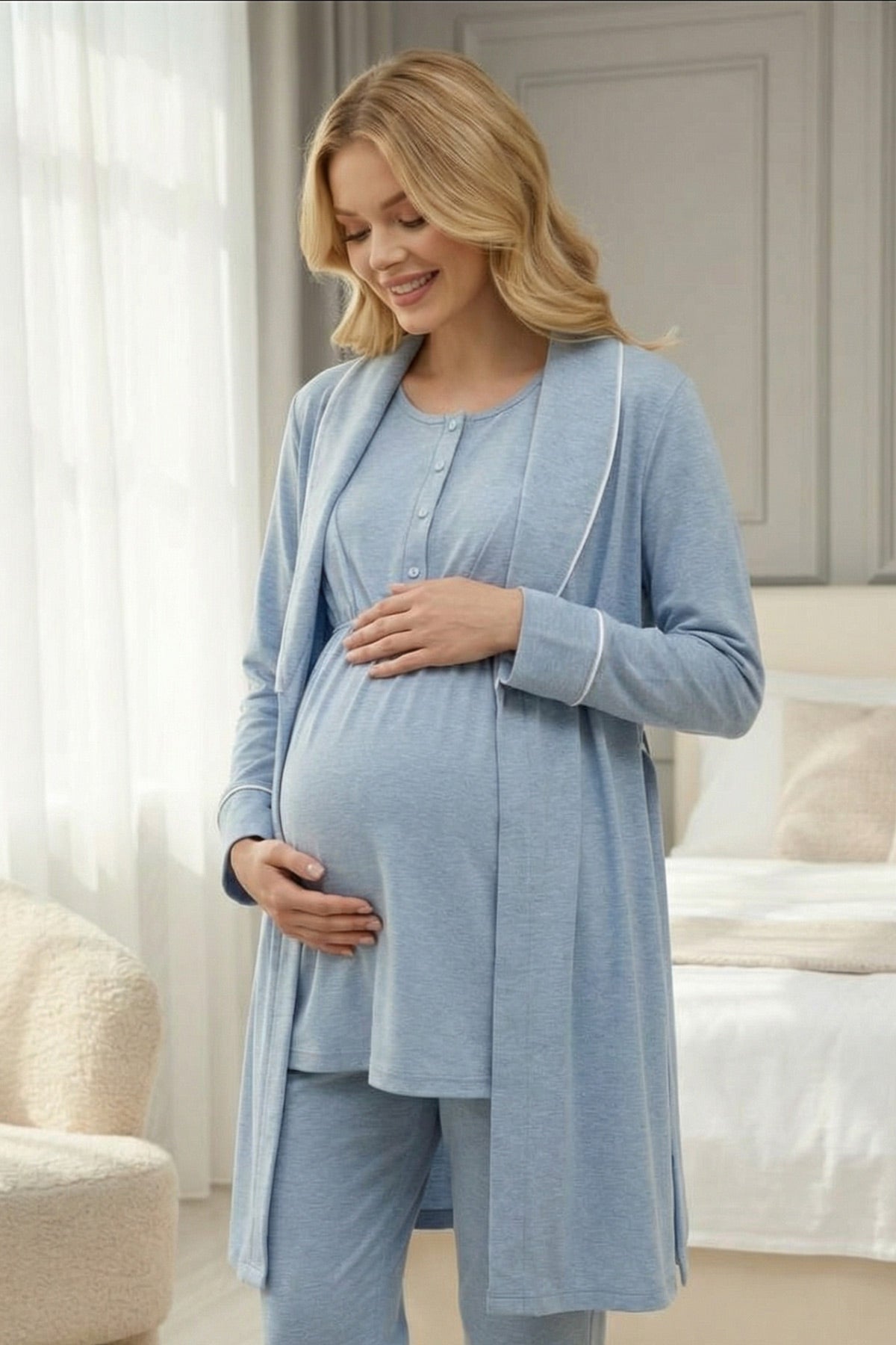 White Bias 3-Piece Maternity-Nursing Pajama & Melange Robe Set Blue - 2001