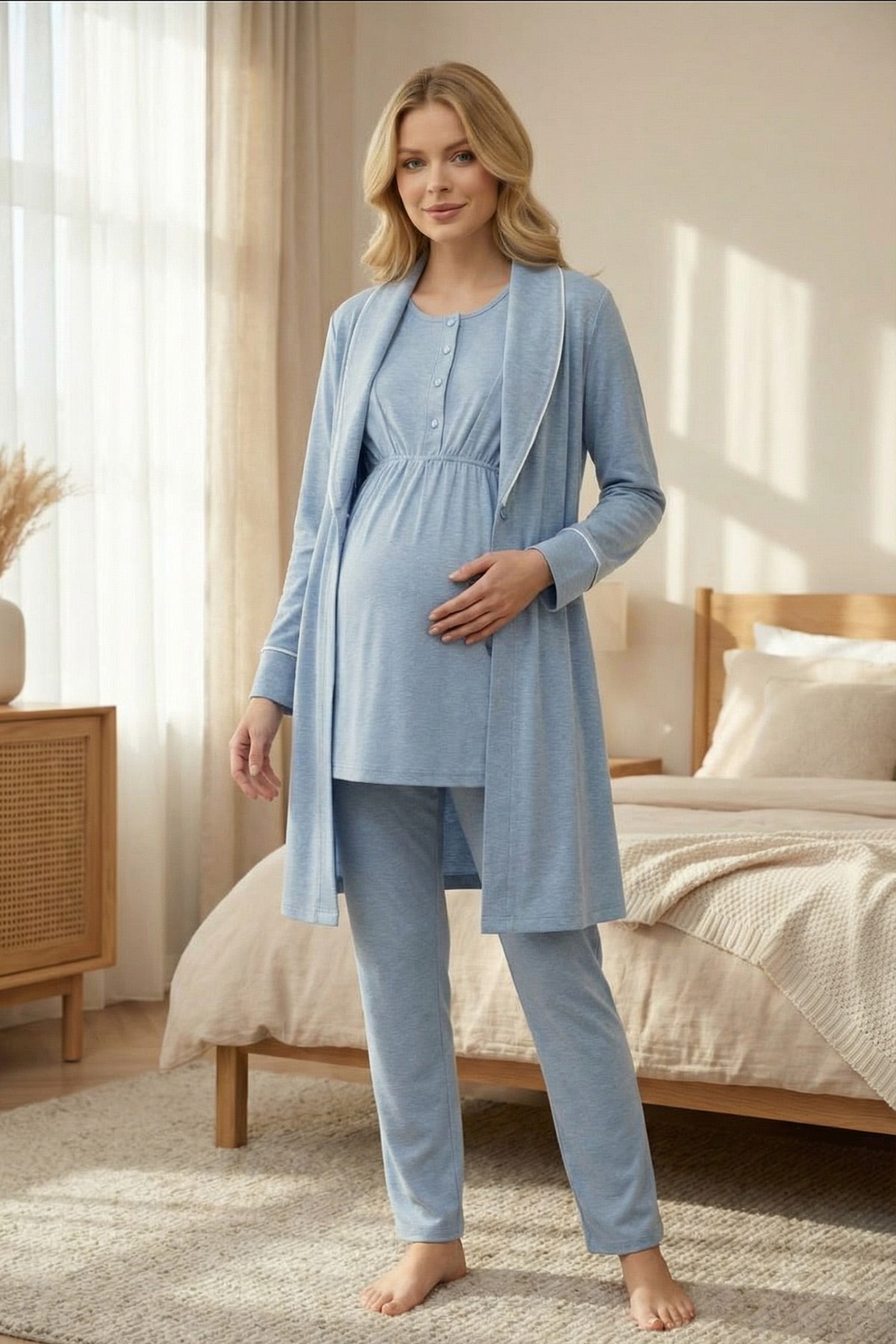 White Bias 3-Piece Maternity-Nursing Pajama & Melange Robe Set Blue - 2001