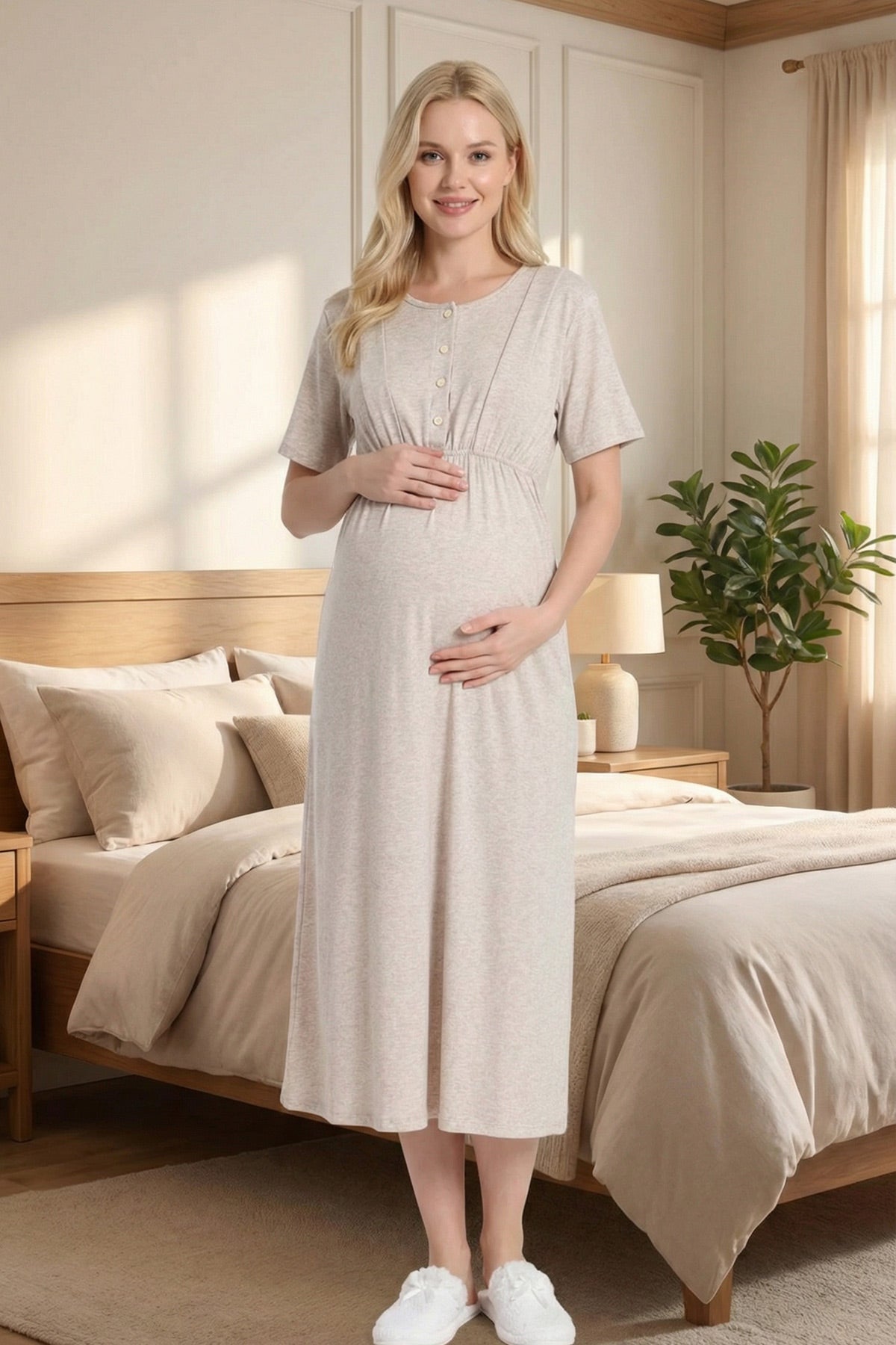 White Bias Maternity-Nursing Nightgown & Melange Robe Set Beige - 2002