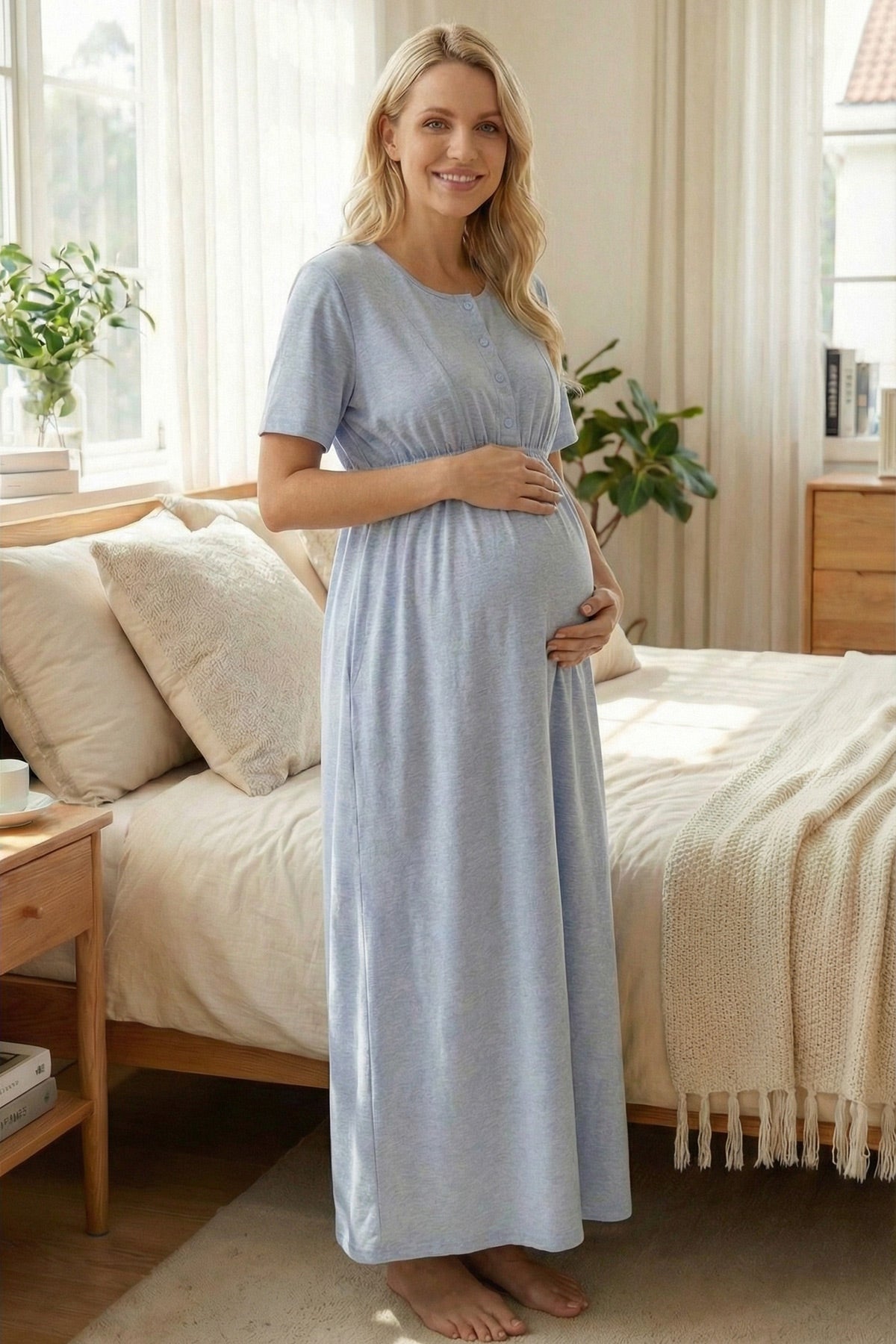 White Bias Maternity-Nursing Nightgown & Melange Robe Set Blue - 2003