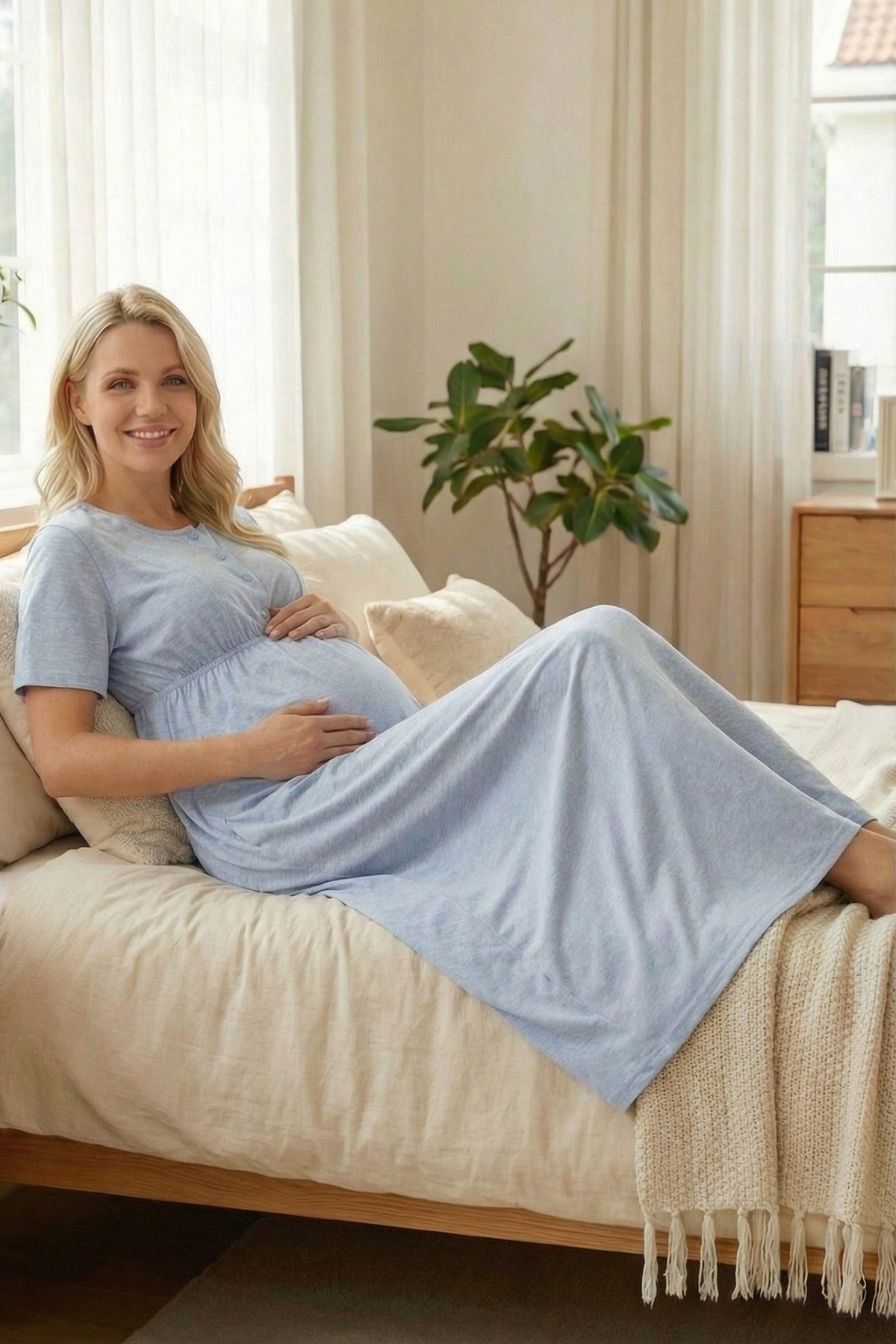 White Bias Maternity-Nursing Nightgown & Melange Robe Set Blue - 2003