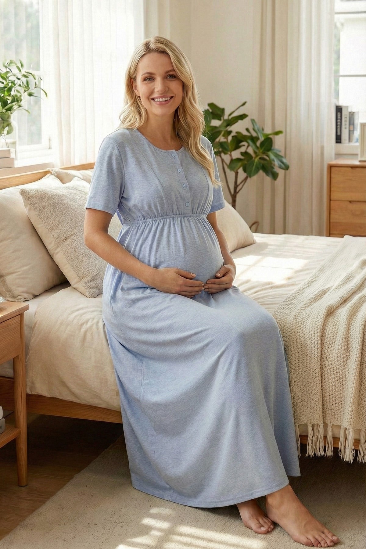 White Bias Maternity-Nursing Nightgown & Melange Robe Set Blue - 2003