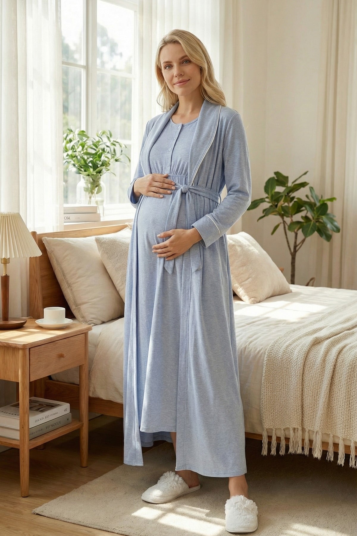 White Bias Maternity-Nursing Nightgown & Melange Robe Set Blue - 2003