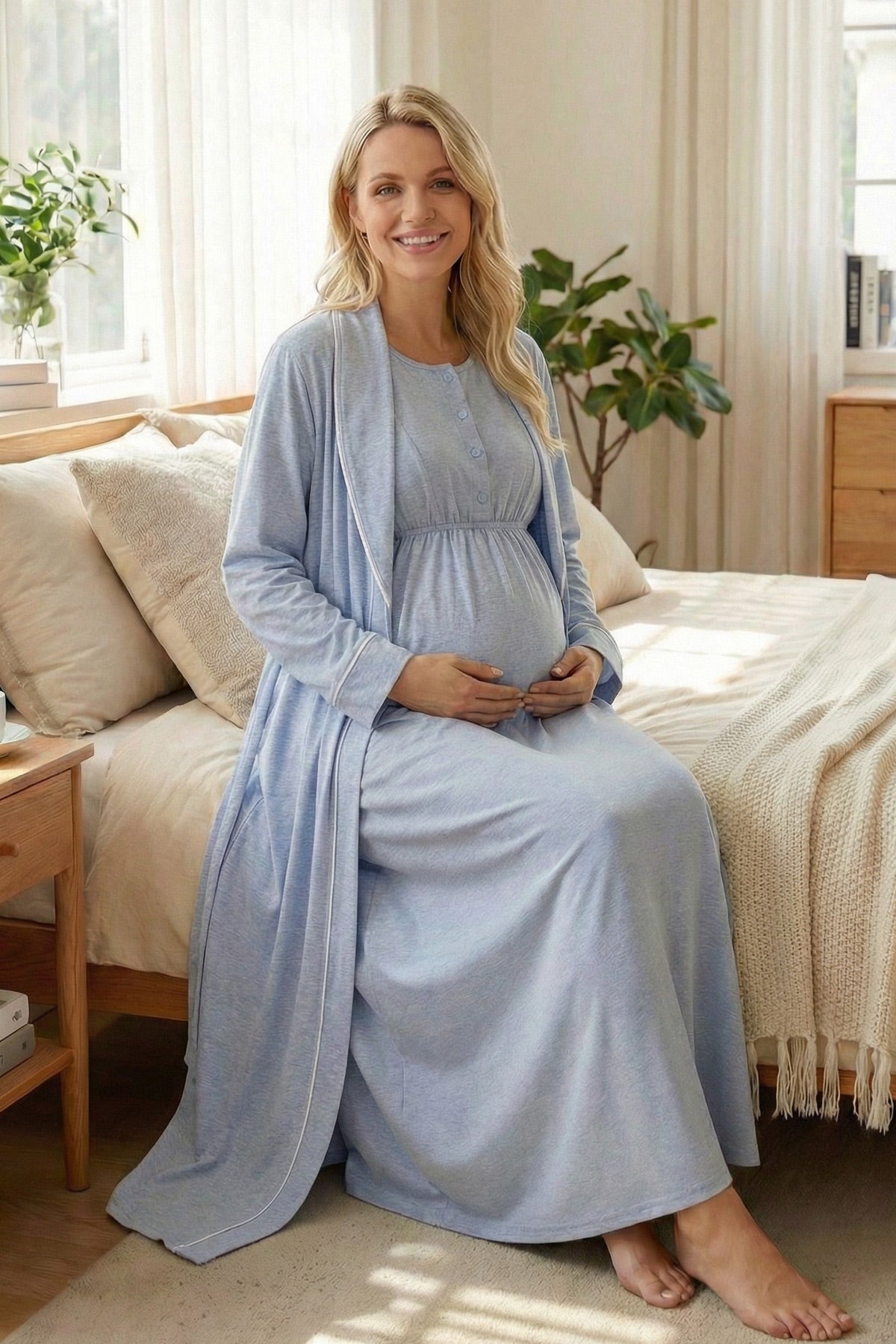 White Bias Maternity-Nursing Nightgown & Melange Robe Set Blue - 2003