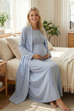 White Bias Maternity-Nursing Nightgown & Melange Robe Set Blue - 2003