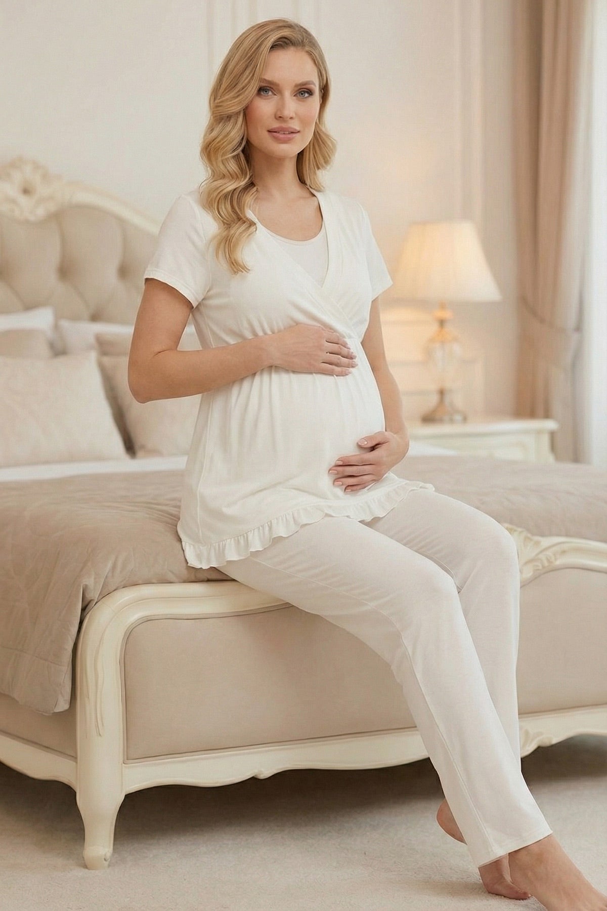 Ecru Pleated 3-Piece Maternity-Nursing Pajama & Robe Set Ecru - 2011