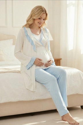 Blue Pleated 3-Piece Maternity-Nursing Pajama & Robe Set Blue - 2013