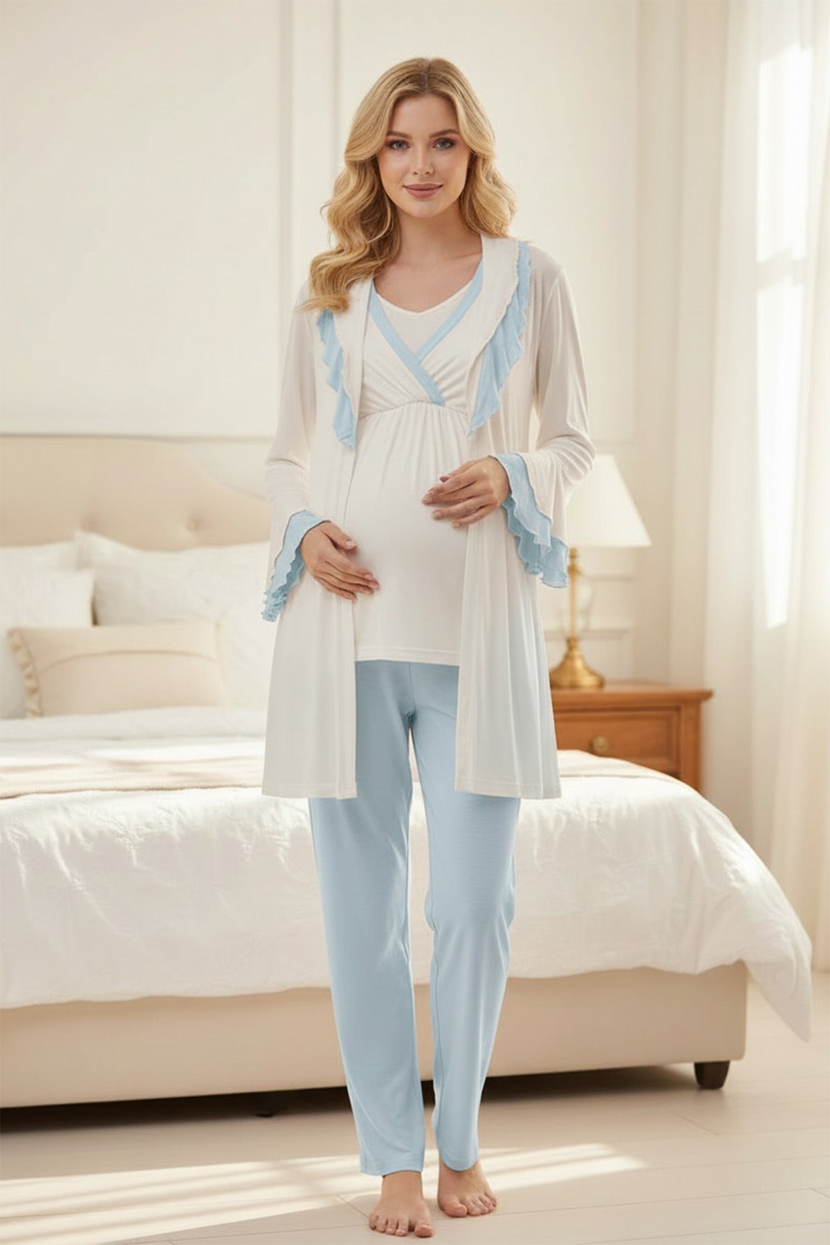 Blue Pleated 3-Piece Maternity-Nursing Pajama & Robe Set Blue - 2013