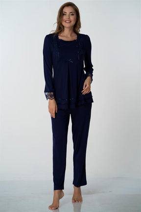 Lace Sleeve 3-Piece Maternity-Nursing Pajama & Robe Set Navy Blue - 2018